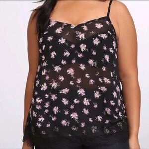 Torrid Black Floral Chiffon Lace Trim Tank